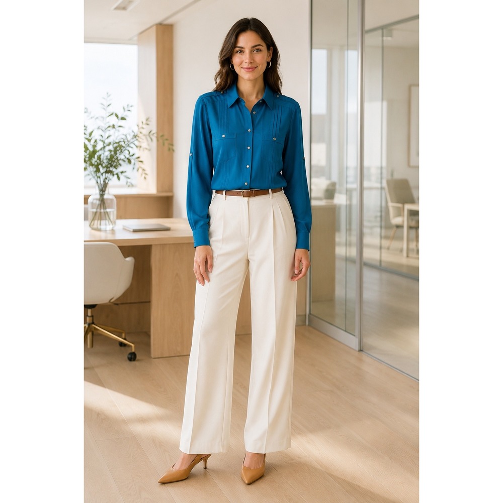 White House Black Market Silk Pintuck Blouse Teal Blue Utility Roll Tab Size 4